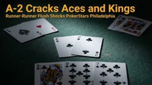 A♣ 2♣ runner-runner flush cracks pocket aces and pocket kings in a three-way all-in at PokerStars Open Philadelphia Main Event