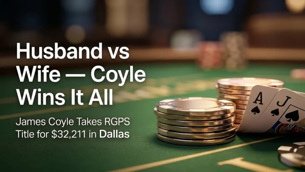 Poker ring and chips with Ace Jack on table representing James Coyle RGPS Dallas win $32,211
