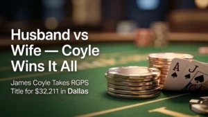 Poker ring and chips with Ace Jack on table representing James Coyle RGPS Dallas win $32,211