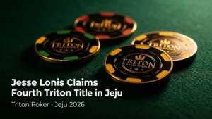 Close-up of Triton Poker chips on a green felt table celebrating Jesse Lonis winning his fourth title at Jeju 2026.