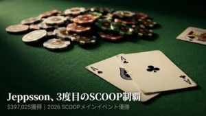 グリーンフェルトの上に広げられたポケットAAとトーナメントチップ——Christian Jeppsson が2026年SCOOP $5,200メインイベントで$397,025を獲得