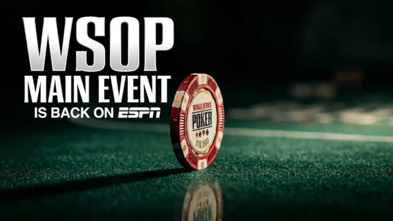 WSOP $10,000 Main Event poker chip on green felt table with text "WSOP Main Event Is Back on ESPN"