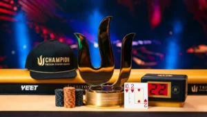 Triton Poker Series champion trophy with 10-2 of hearts winning hand cards, poker chips, and Champion cap on the final table — Ben Tollerene wins Triton Jeju Main Event 2026