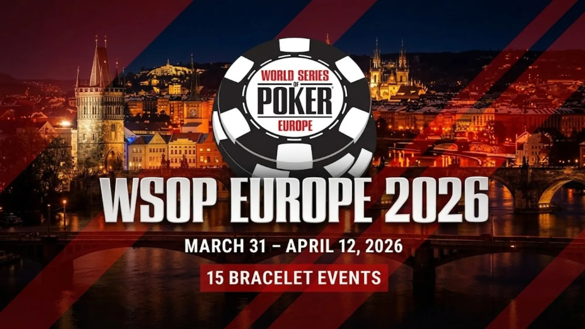 WSOP Europe 2026 official cover image featuring the World Series of Poker Europe chip logo over a Prague skyline, with text showing March 31 to April 12 and 15 Bracelet Events
