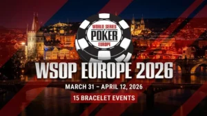 WSOP Europe 2026 官方封面圖，布拉格城市天際線背景搭配世界撲克大賽歐洲站籌碼Logo，標示3月31日至4月12日、15項金手鐲賽事