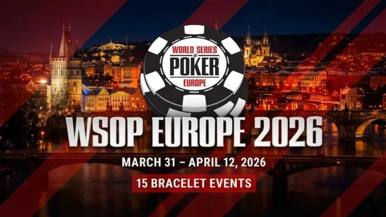 WSOP Europe 2026 官方封面圖，布拉格城市天際線背景搭配世界撲克大賽歐洲站籌碼Logo，標示3月31日至4月12日、15項金手鐲賽事