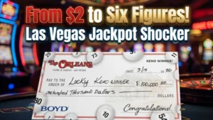Las Vegas casino keno jackpot check showing $100,000 win from $2 bet with slot machines background
