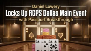 Poker chips stacked with club cards on casino table, RGPS Dallas Main Event win and Passport qualification concept
