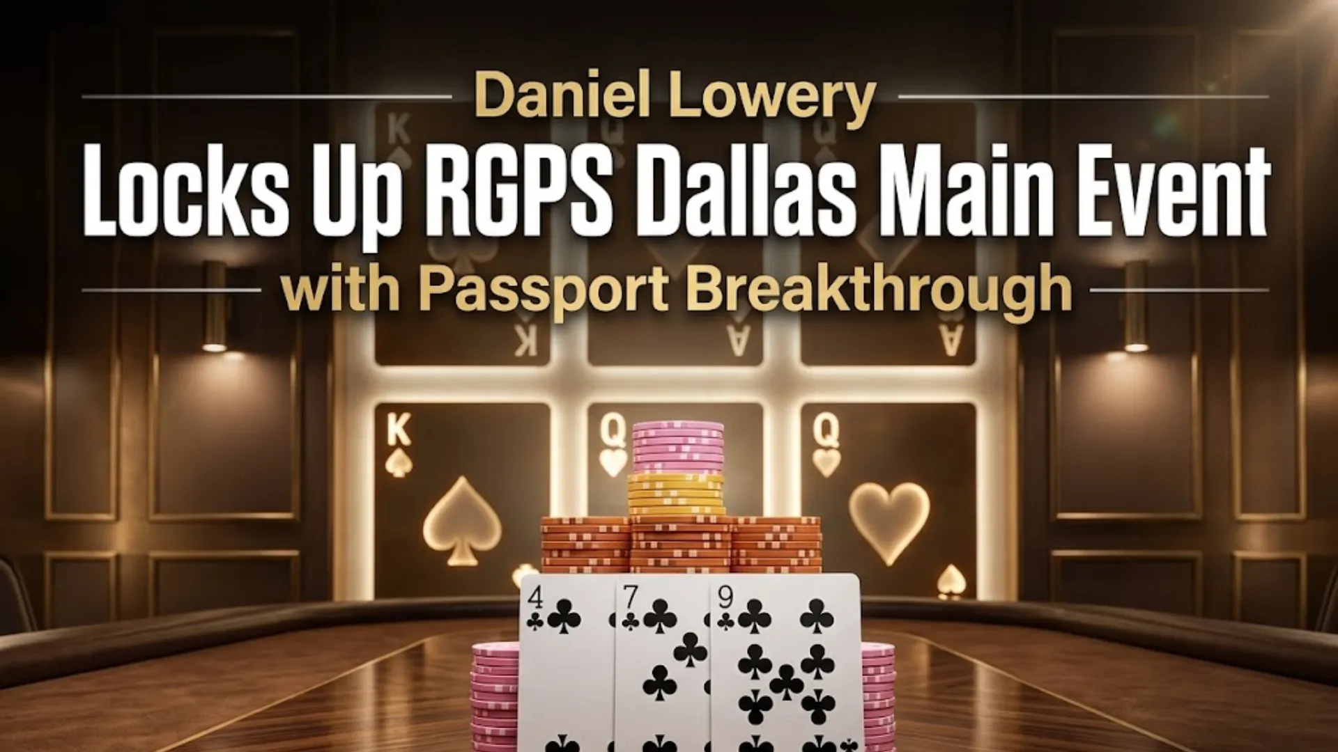 Poker chips stacked with club cards on casino table, RGPS Dallas Main Event win and Passport qualification concept