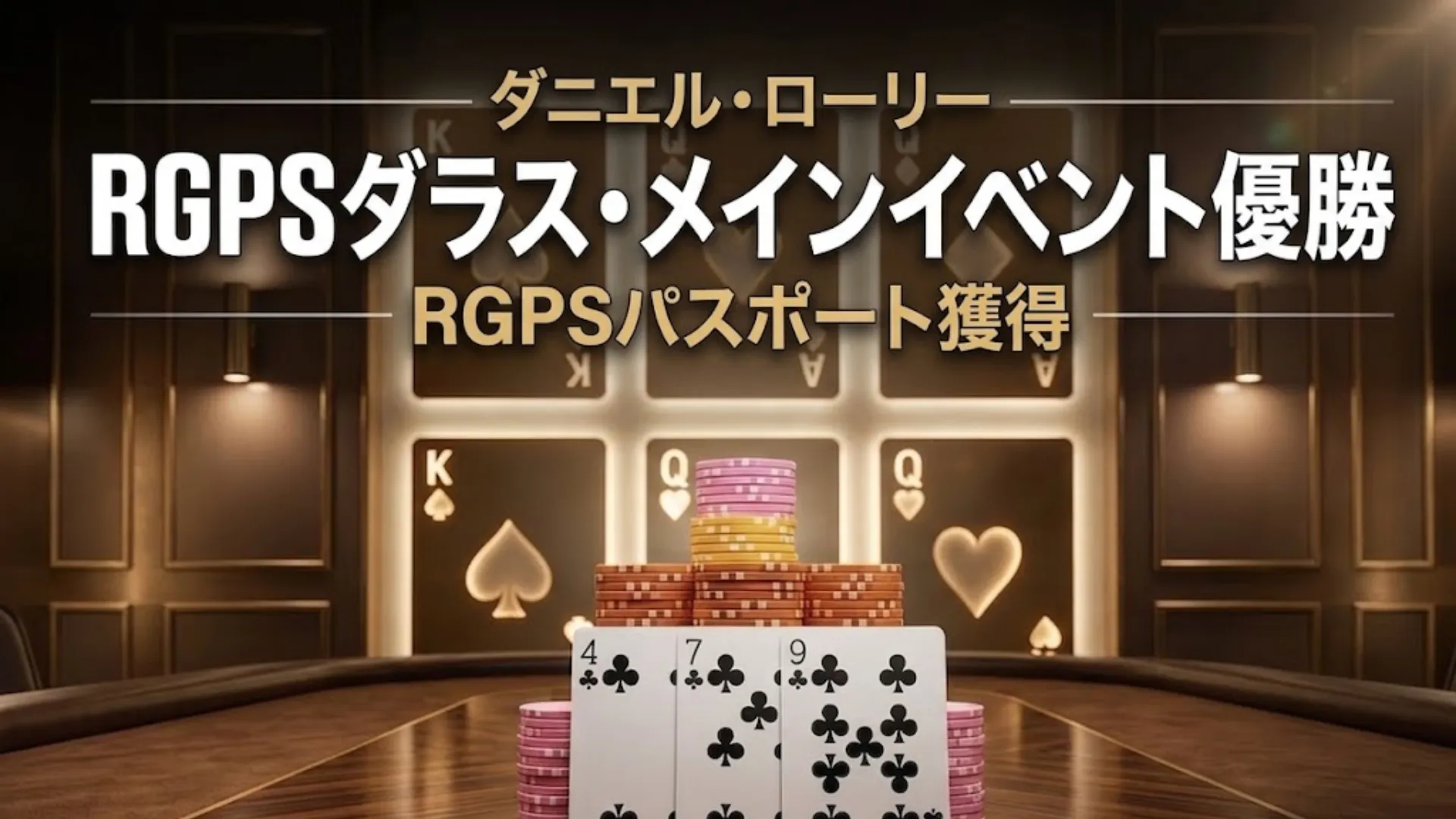 カジノテーブル上のチップとクラブのカード、RGPSダラスメイン優勝とパスポート獲得のイメージ