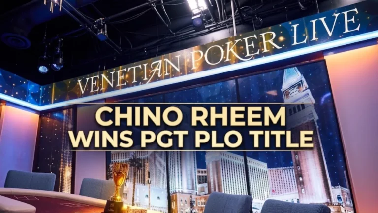 Chino Rheem wins PGT PLO title cover image with Venetian Poker Live stage, poker table, trophy and bold headline
