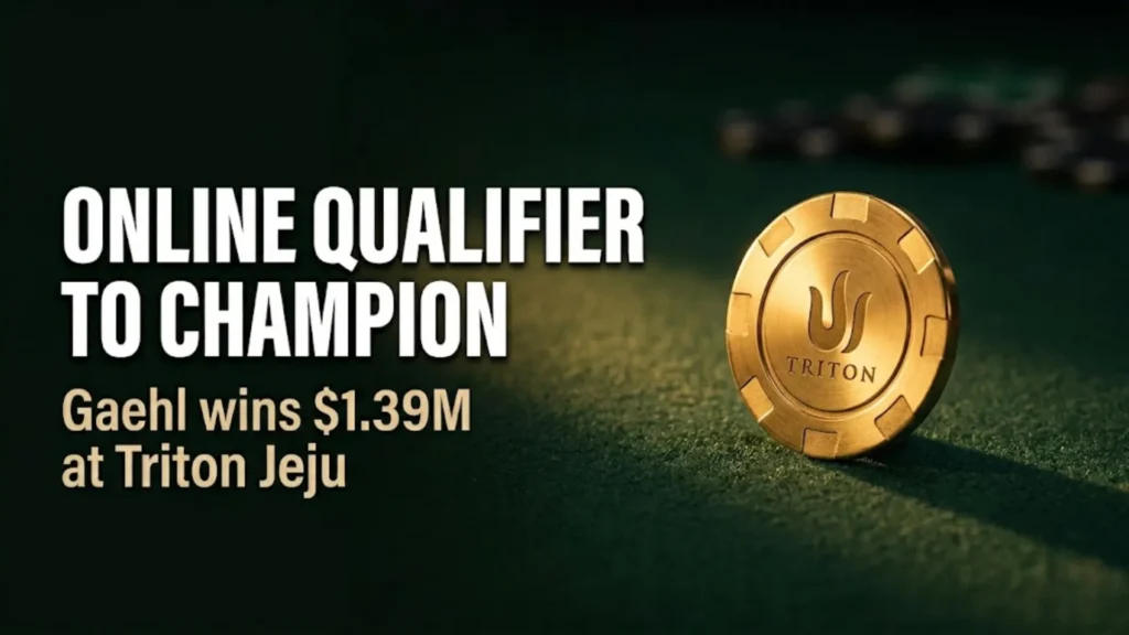 Gold Triton poker chip on green felt with text "Online Qualifier to Champion" — Sebastian Gaehl wins $1.39M at Triton Poker Super High Roller Jeju 2026