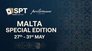 Graphic announcement for the SPT Sigma Poker Tour at Portomaso Casino, Malta Special Edition, May 27-31.