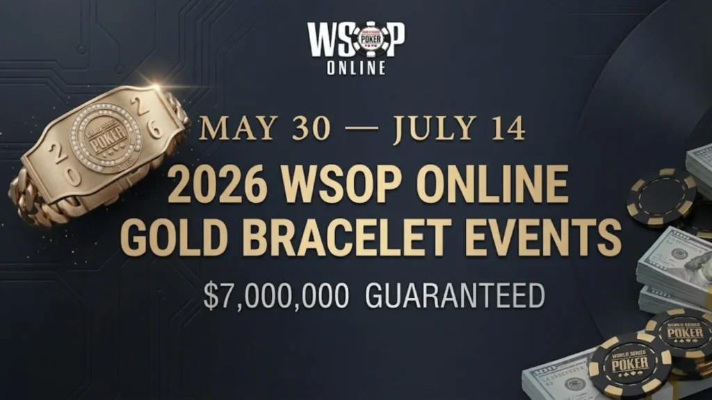 2026 WSOP Online Gold Bracelet Events banner showing dates May 30 to July 14 and $7 million guaranteed prize pool with bracelet and poker chips
