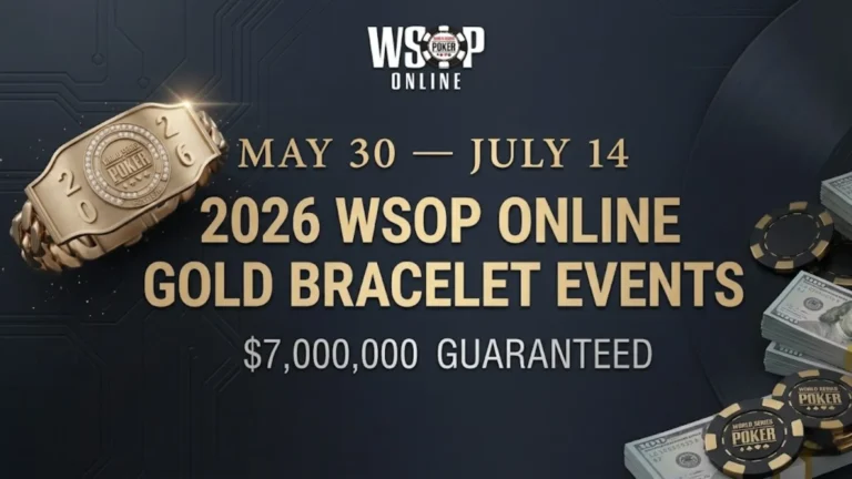 2026 WSOP Online Gold Bracelet Events banner showing dates May 30 to July 14 and $7 million guaranteed prize pool with bracelet and poker chips
