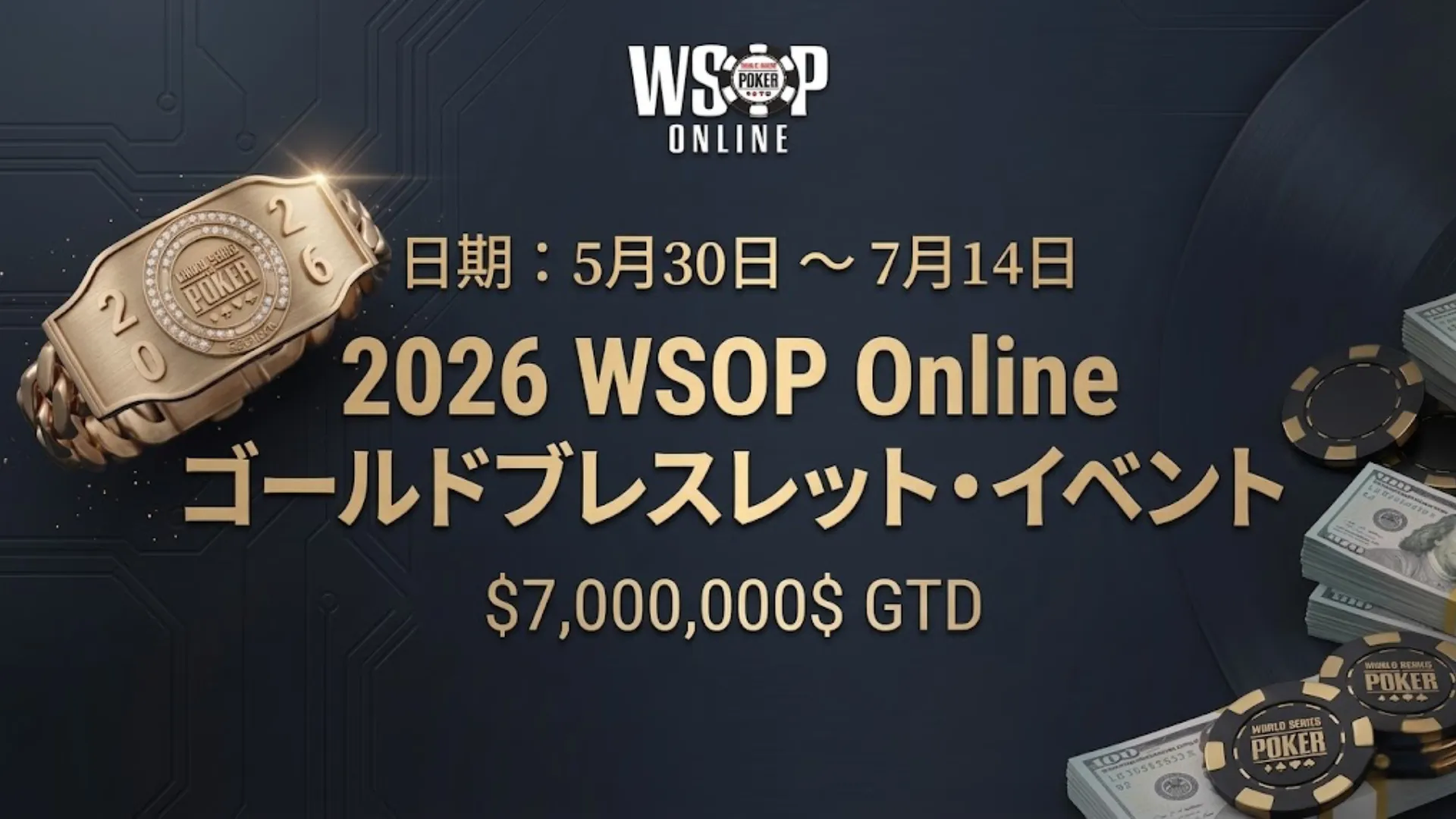 2026年WSOPオンラインゴールドブレスレットイベントのバナー、5月30日から7月14日の日程と700万ドル保証、ブレスレットとチップのビジュアル