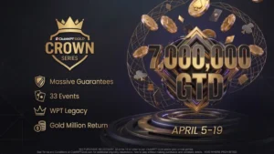 ClubWPT GOLD CROWN SERIES poker tournament promotional graphic with 7,000,000 GTD prize pool and text. Dark and gold luxurious design with crowns and floating poker chips.