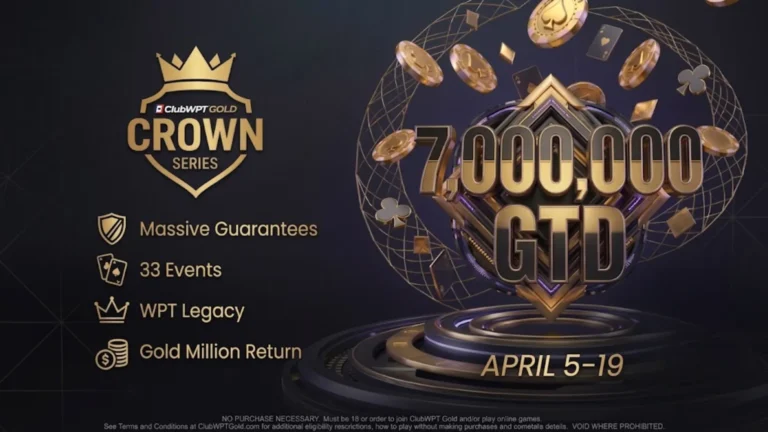 ClubWPT GOLD CROWN SERIES poker tournament promotional graphic with 7,000,000 GTD prize pool and text. Dark and gold luxurious design with crowns and floating poker chips.