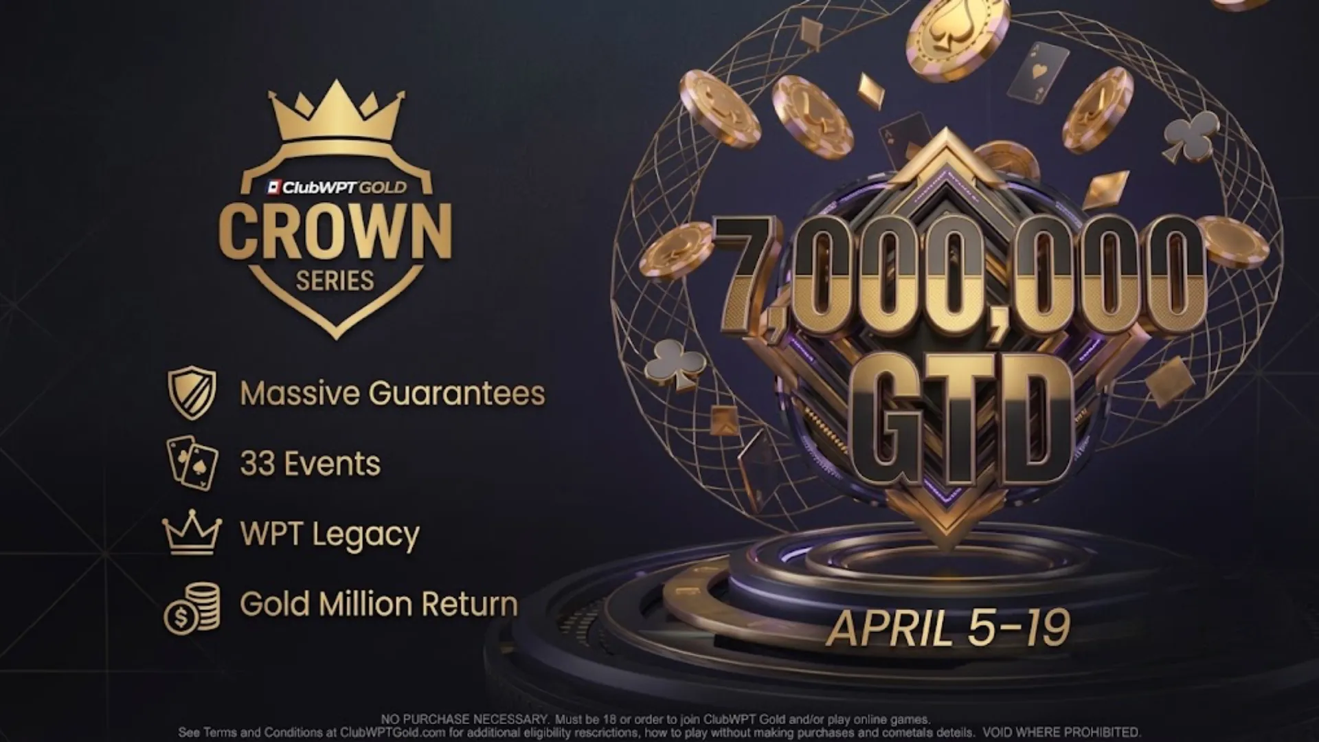 ClubWPT GOLD CROWN SERIES poker tournament promotional graphic with 7,000,000 GTD prize pool and text. Dark and gold luxurious design with crowns and floating poker chips.