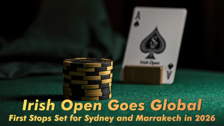 Irish Open poker chips and ace of spades on green felt with headline announcing global expansion to Sydney and Marrakech 2026