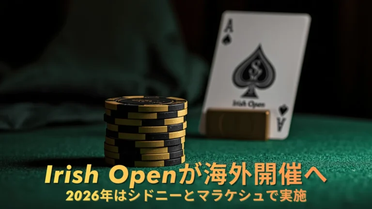 Irish Openのポーカーチップとスペードのエースがグリーンテーブルに配置され 2026年シドニーとマラケシュ開催を伝えるビジュアル