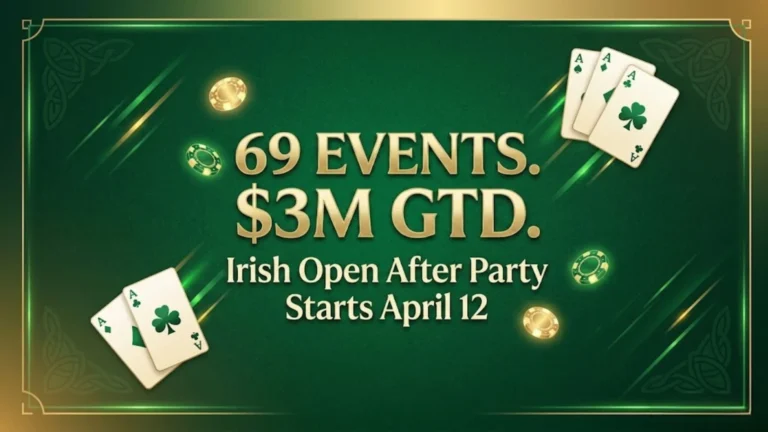 Irish Open After Party poker promotion banner showing 69 events and $3M guaranteed prize pool with playing cards and chips