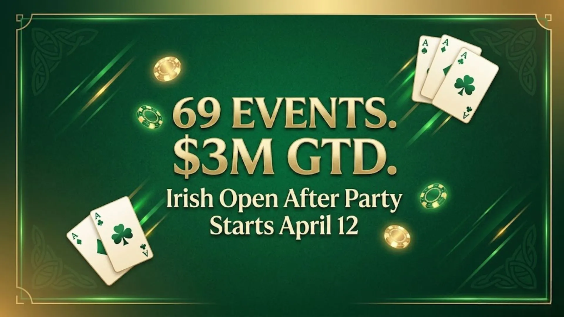 Irish Open After Party poker promotion banner showing 69 events and $3M guaranteed prize pool with playing cards and chips