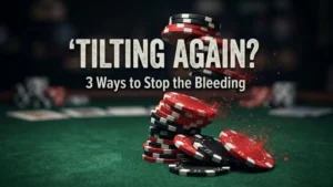 Collapsing and breaking red and black poker chips stack on green felt, showing emotional tilt and loss.