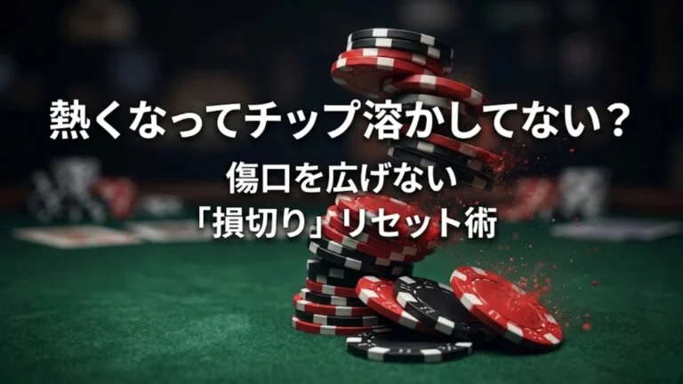 緑のフェルトテーブル上で崩れ落ち破碎する赤と黒のポーカーチップスタック。ティルトによるチップの溶失を伝えている。