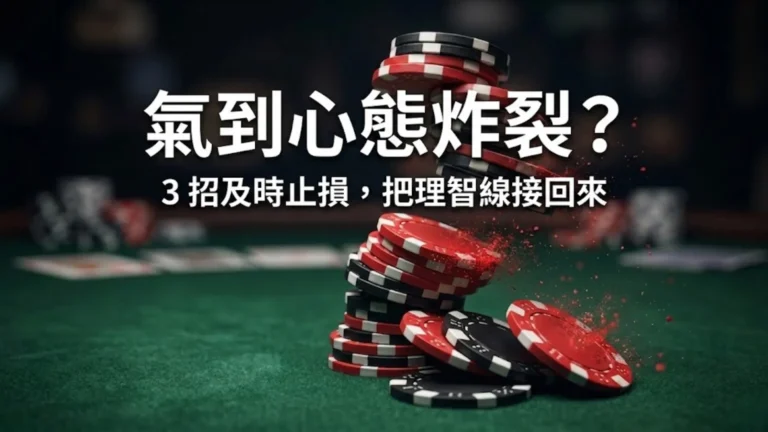 撲克桌上正在崩塌破碎的紅色和黑色撲克籌碼堆，傳達撲克上頭 (tilt) 和情緒失控導致的籌碼融化。