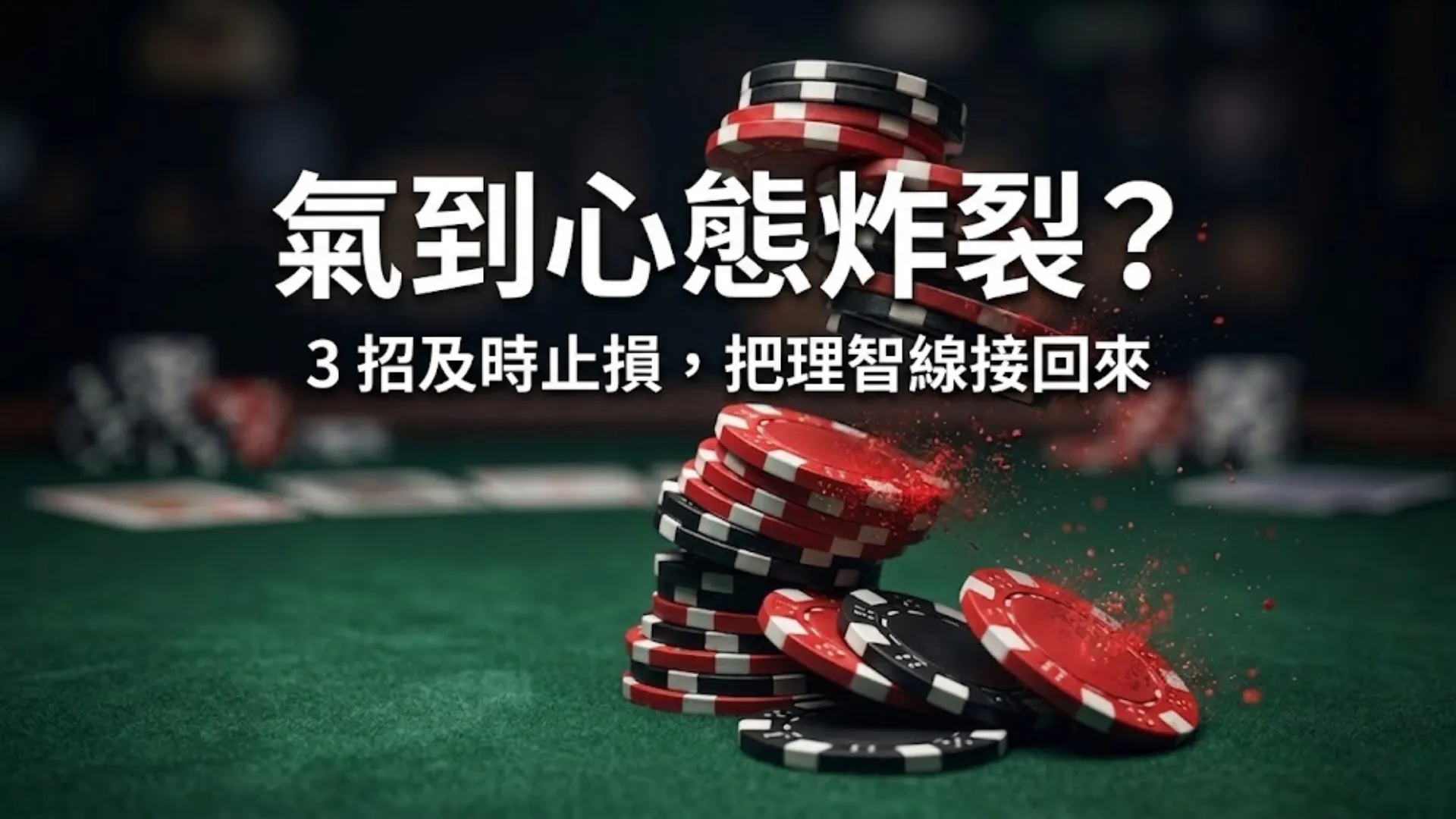 撲克桌上正在崩塌破碎的紅色和黑色撲克籌碼堆，傳達撲克上頭 (tilt) 和情緒失控導致的籌碼融化。