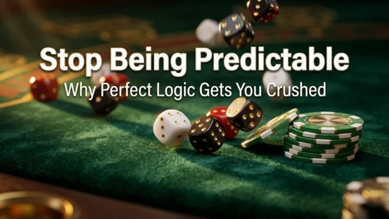 Photorealistic macro shot of scattered multi-colored tumbling dice and stacked poker chips on a plush green velvet table, illustrating probability and mixed strategy in poker.