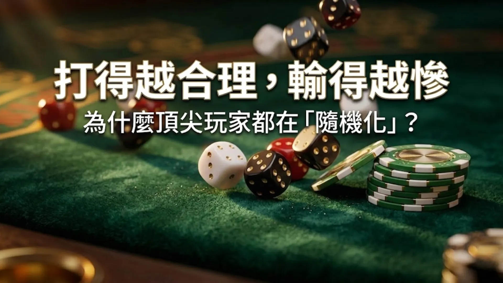 綠色天鵝絨撲克牌桌上，各種顏色（紅、黑、白）的骰子和一疊籌碼雜亂散落的超細節微距照片，展示撲克中混合策略的隨機性和機率。