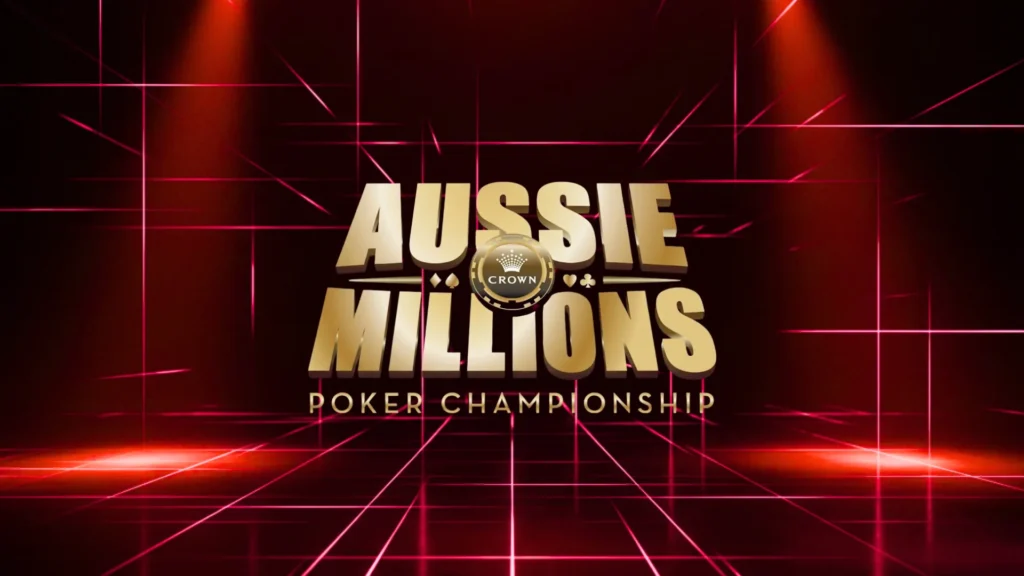 Aussie Millions poker festival logo against a red laser grid stage with dramatic spotlight effects