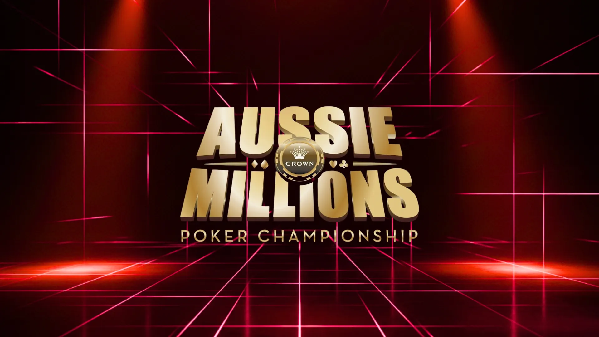 Aussie Millions 撲克節標誌呈現於紅色雷射光格舞台，搭配震撼聚光燈視覺效果