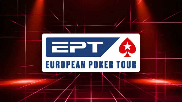 EPT歐洲撲克巡迴賽標誌置於暗紅色霓虹雷射光格舞台，強烈頂部聚光燈光束戲劇性打下