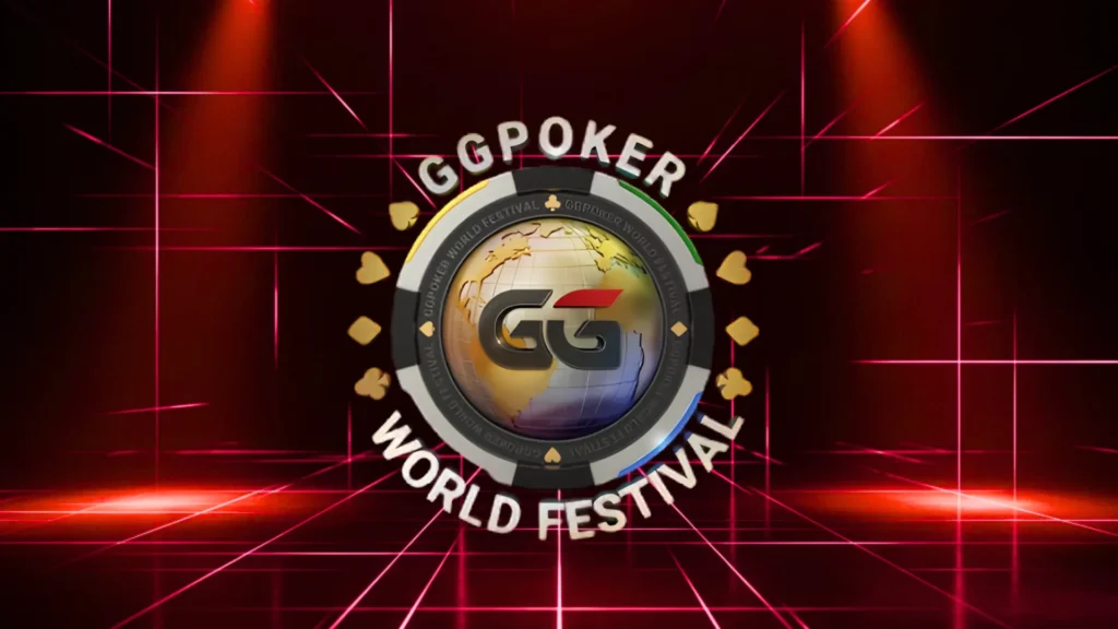 GG World Festival logo on a dark red neon laser grid stage with intense overhead spotlight effects