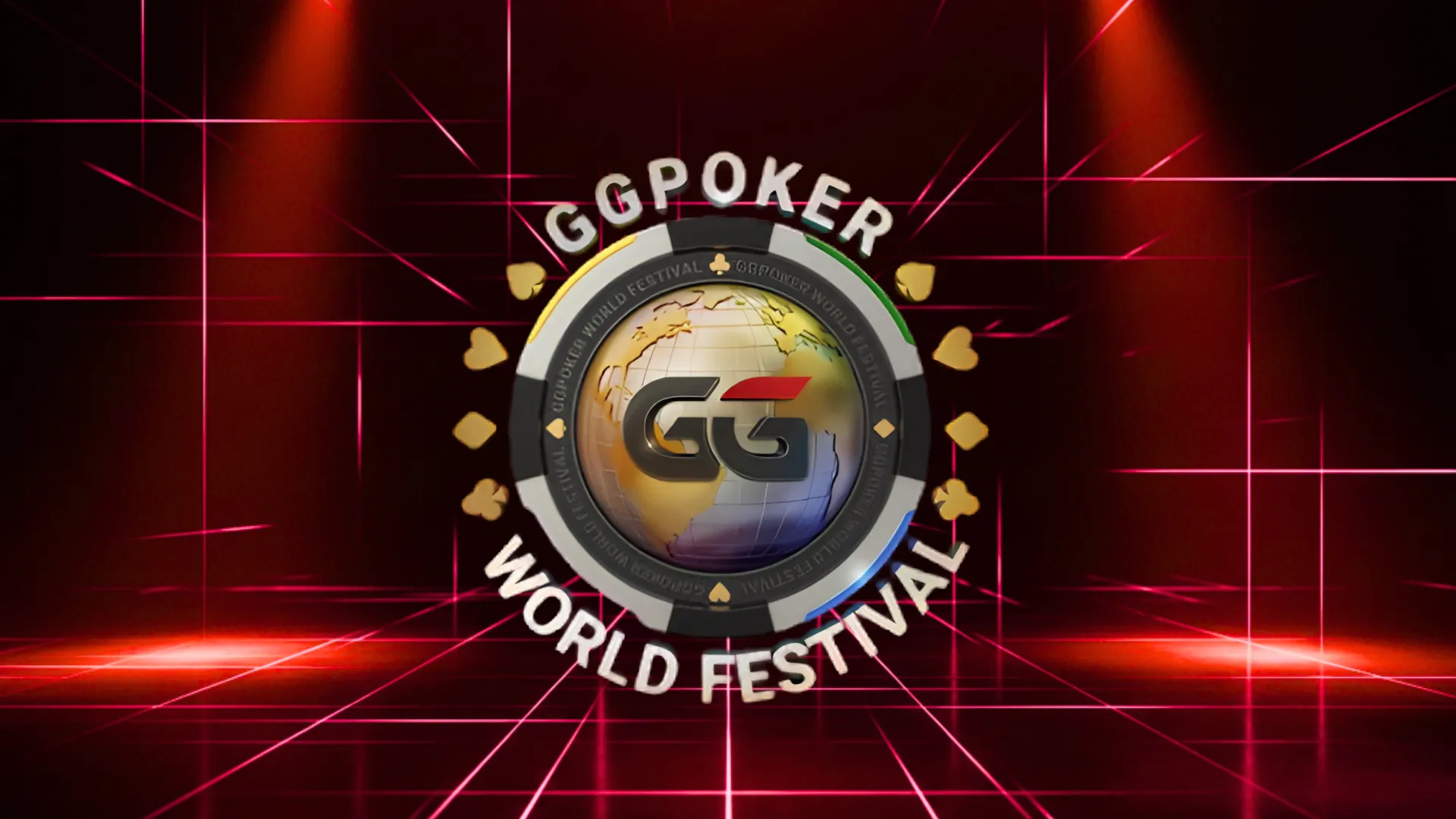 GG World Festival logo on a dark red neon laser grid stage with intense overhead spotlight effects