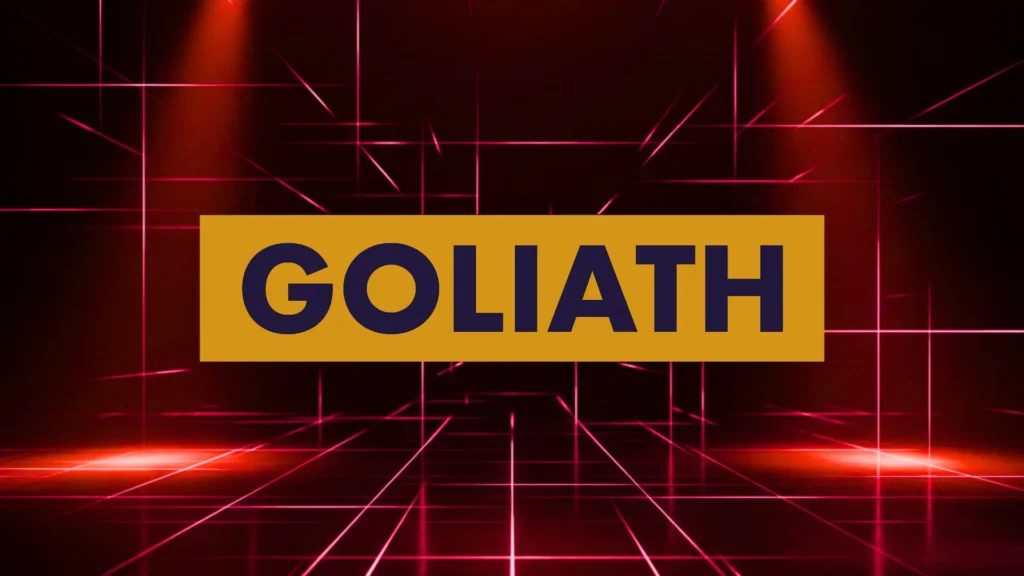 Goliath poker festival logo on a dark red neon laser grid stage with dramatic overhead spotlight lighting