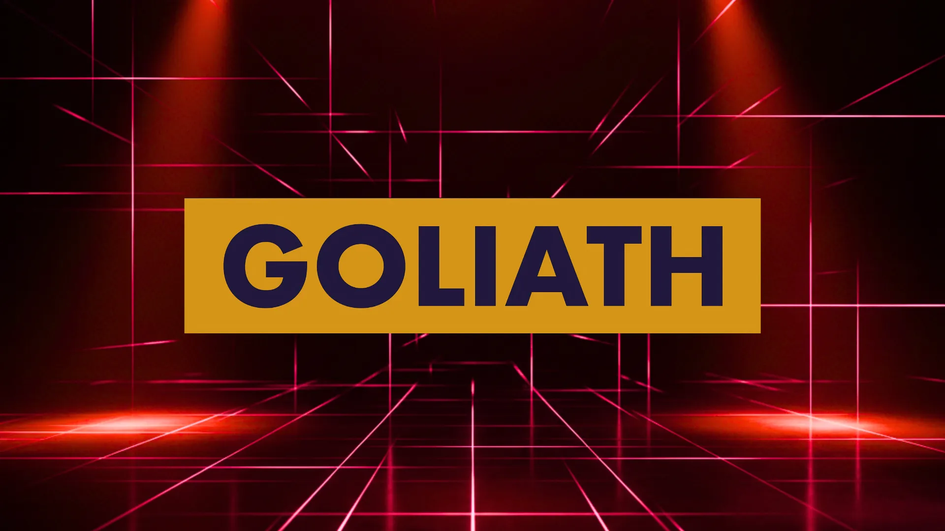 Goliath撲克節標誌置於暗紅色霓虹雷射光格舞台，戲劇性頂部聚光燈強力打下
