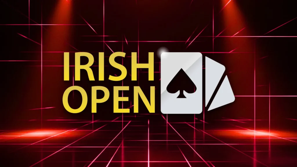 Irish Poker Open logo on a dark red neon laser grid stage with cinematic overhead spotlight beams