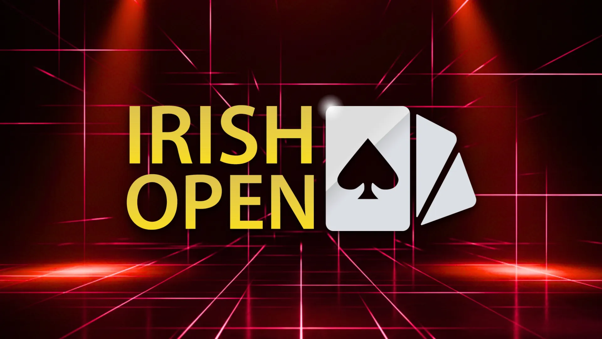 Irish Poker Open logo on a dark red neon laser grid stage with cinematic overhead spotlight beams