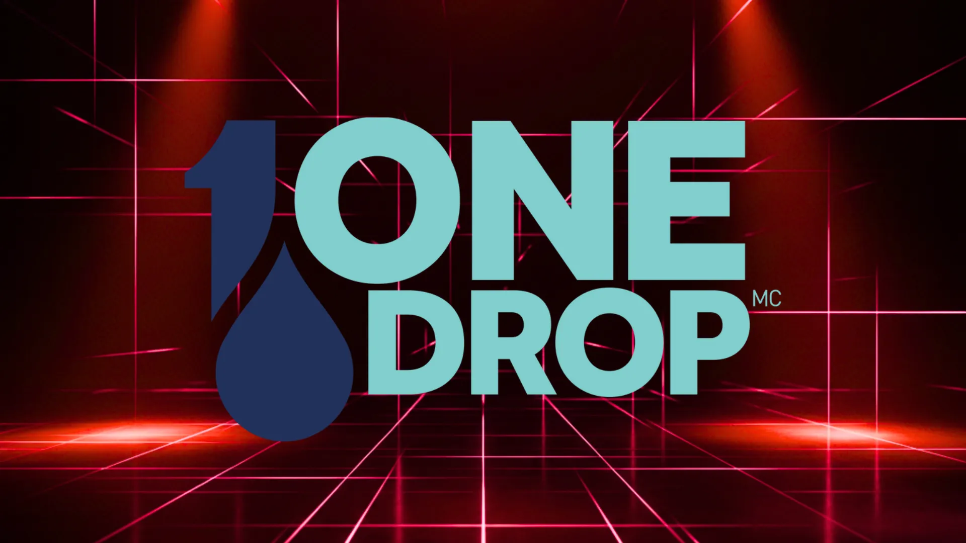 One Drop慈善撲克錦標賽標誌置於暗紅色霓虹雷射光格舞台，電影感頂部聚光燈強力打下