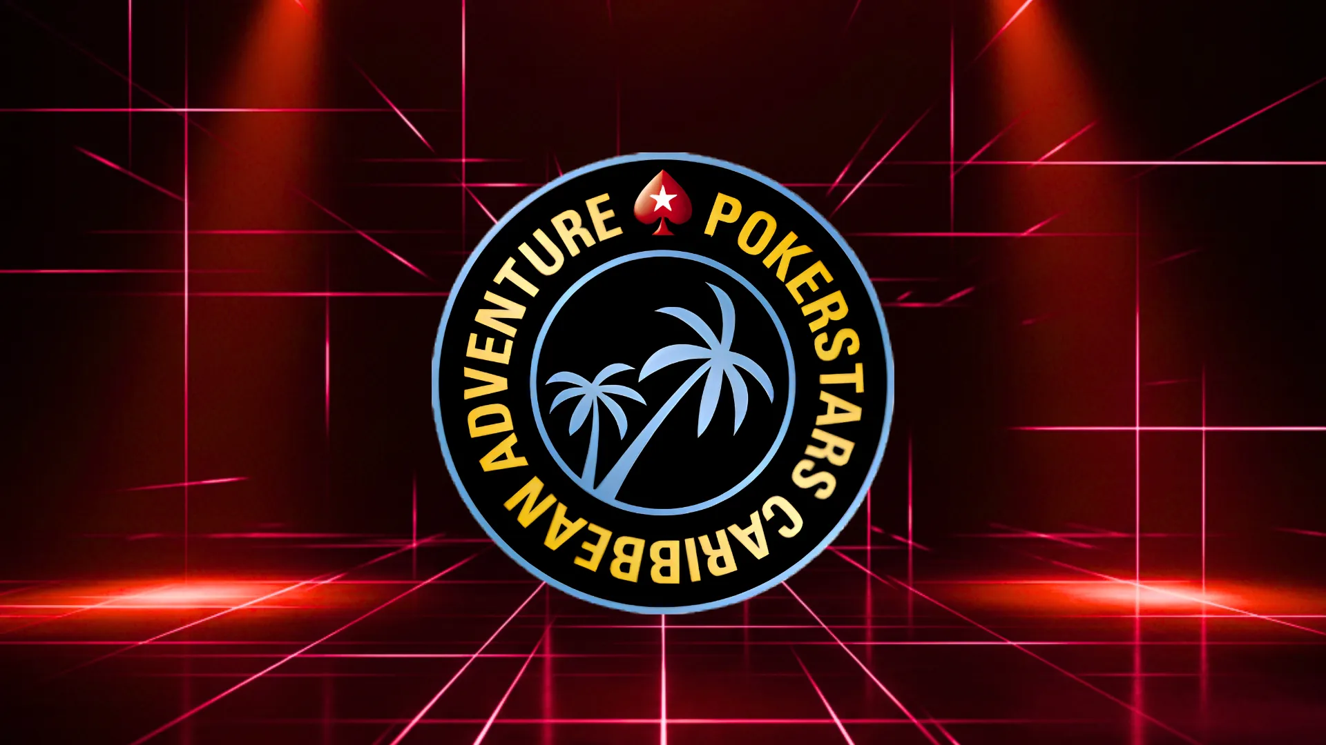 ダークレッドのネオンレーザーグリッドステージにPCA PokerStarsカリビアンアドベンチャーのロゴ、ドラマチックなスポットライト