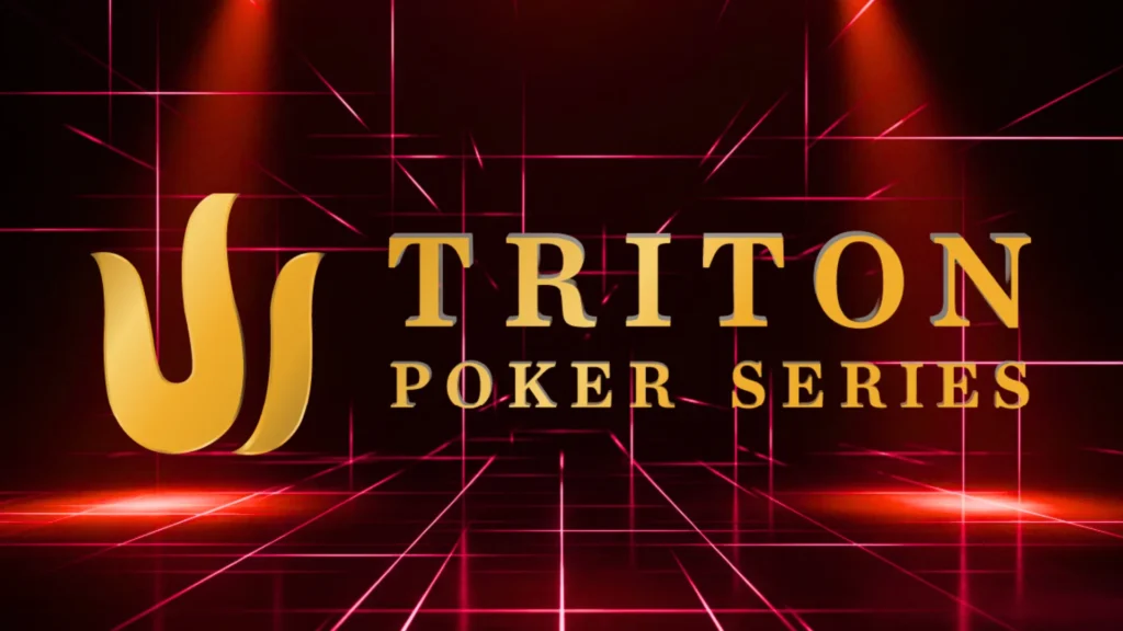 Triton Poker super high roller series logo on a dark red neon laser grid stage with intense dramatic overhead spotlights