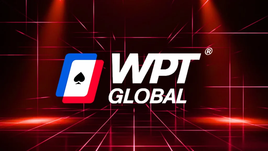 WPT Global logo centered on a dark red neon laser grid stage with dramatic overhead spotlight beams and red light reflections across the floor