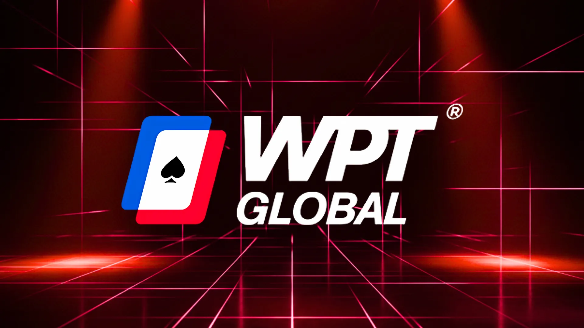 ダークレッドのネオンレーザーグリッドステージ中央にWPT Globalのロゴ、上方から光線が降り注ぎ床に赤い光が反射