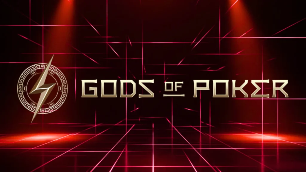 Gods of Poker GOP logo on a dark red neon laser grid stage with cinematic overhead spotlight beams