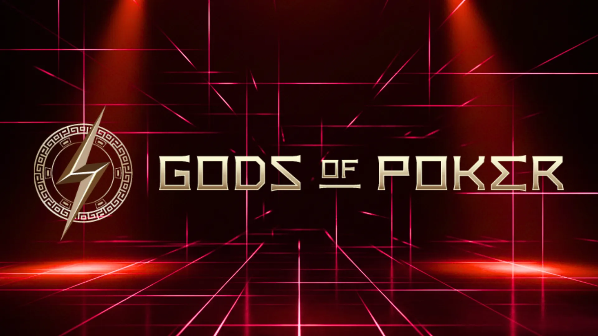 ダークレッドのネオンレーザーグリッドステージにGods of Poker GOPのロゴ、シネマティックなスポットライトが印象的