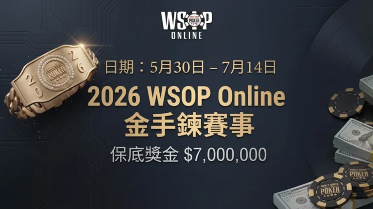 2026年WSOP線上金手鍊賽事橫幅，顯示5月30日至7月14日與700萬美元保底獎金，搭配手鍊與籌碼元素